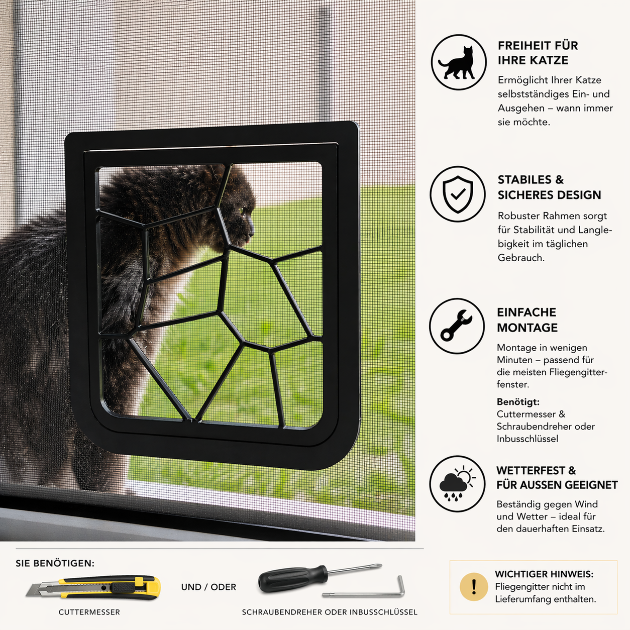 Katzenklappe für Fliegengitter mit Magnetverschluss